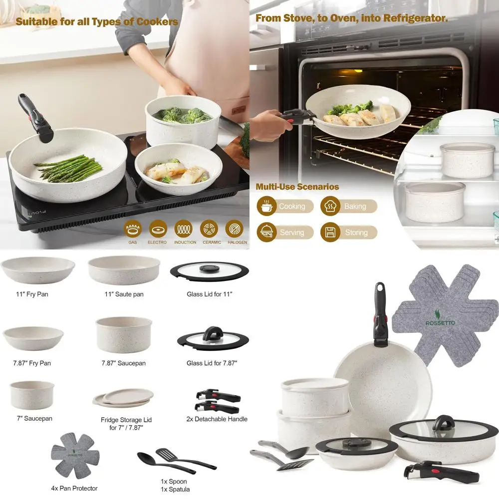 

French Ceramic Non-Stick 17-Piece Cookware Set with Removable Handles, Induction Compatible, Oven Safe, PFOA & PFAS Free, Stacka