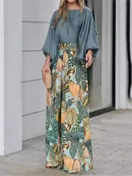 Fashion Print O Neck Top Set Women Casual Office Long Sleeve Pullover Tops And Wide Leg Pants Two Piece Sets Lady Spring Sets
