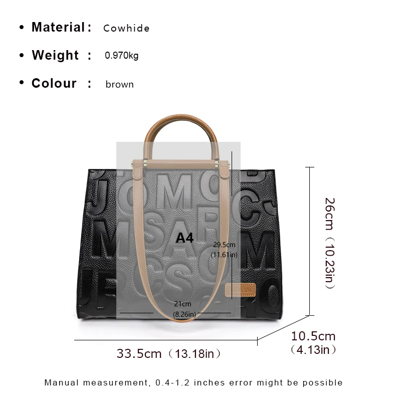 New Women\'s Large Capacity Contrast Color Handbag with Alphabet Printing Advanced Cowhide Commuter Shoulder Bag