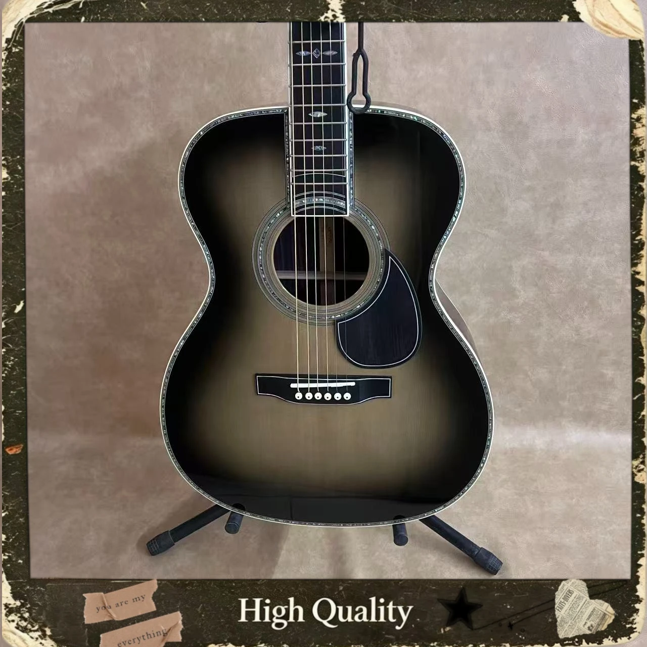 OM45 Style Acoustic Guitar Black Grey Sunburst Solid Spruce Top Abalone Binding Folk Guitar 39 Inch Black Pickguard