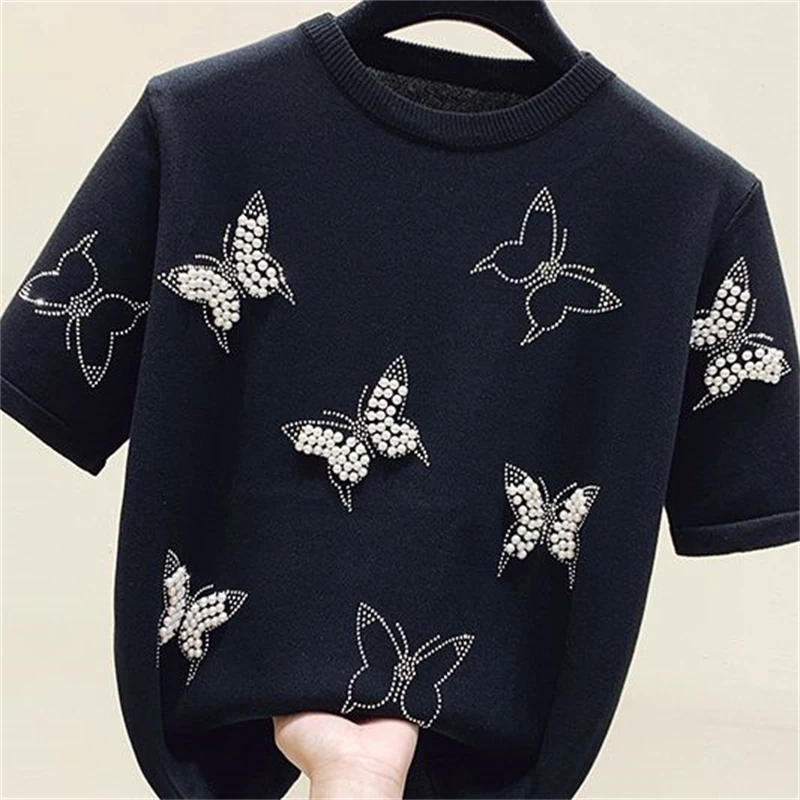 Clothes for Women Summer Fashion Rhinestone Beaded Chic Ice Silk Knitted T-shirt Elegant O Neck Short Sleeve Loose Pullover Tops