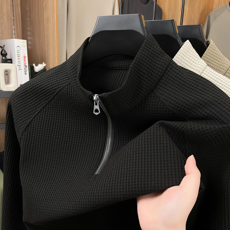 Mens Knitted Sweater Long Sleeve Stand Collar Halfzip Textured Pullover Autumn Winter Fashion Casual Classic Versatile Mens Wear