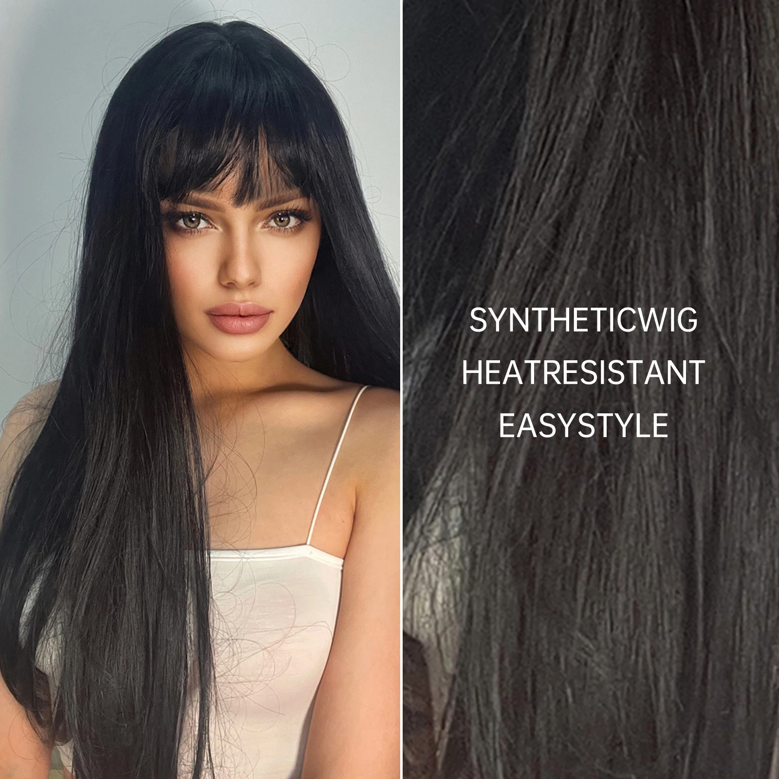 Black Long Straight Wig with Bangs Synthetic Cosplay Natural Hair Wigs for Women Afro Heat Resistant Fibre Party Daily Use Hair