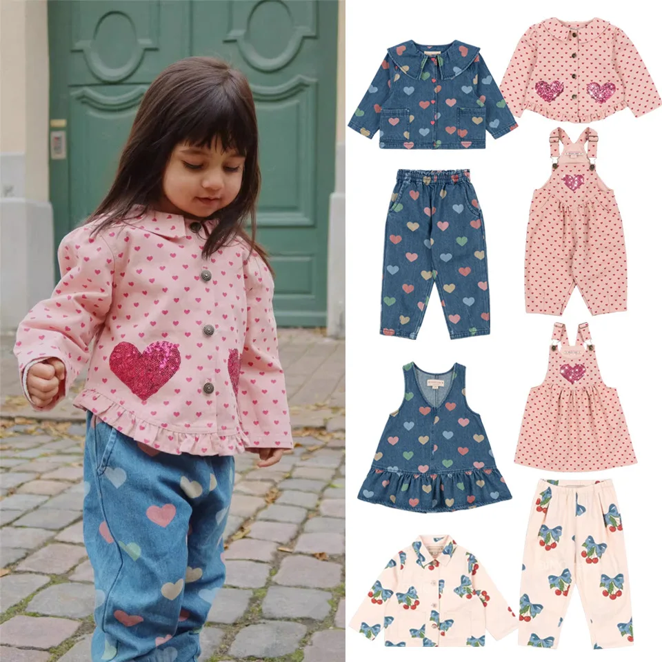 2025 Autumn Winter New Arrival Kids Clothing Heart Shaped Denim Set Jacket Vest Skirt Overalls Cherry Print Unisex Kids