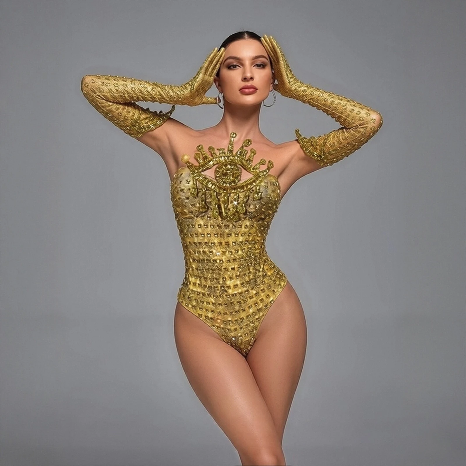 Sparkly Gold Rhinestone Bodysuit Sunburst Collar Spiked Glove Sleeves Queen Stage Performance Costume Dance Festival Clubwear