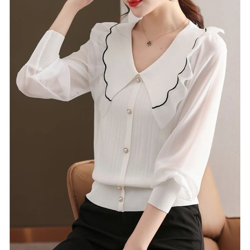 Jersey de punto de manga larga con volantes para mujer, con cuentas blusa elegante blancas y negras, moda femenina