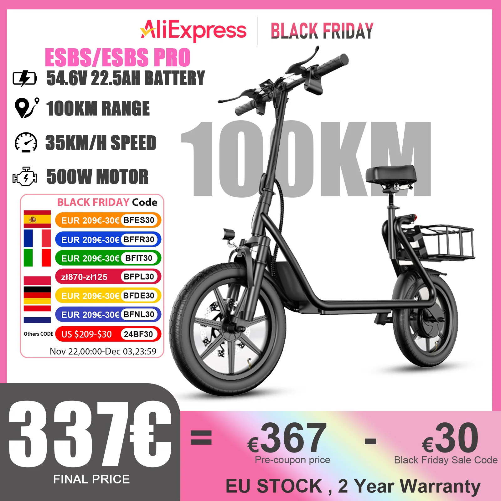 AOVOPRO ESBS/ESBS PRO Adult Electric Scooter 54.6V 22.5AH Large Capacity Battery 100KM Long Range 500W Motor 35KM/H With Seat