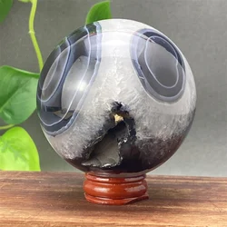 Natural Black Striped Agate Crystal Ball Healing Quartz Polished Energy Ball Meditation Witchcraft Home Decor Gift + Base
