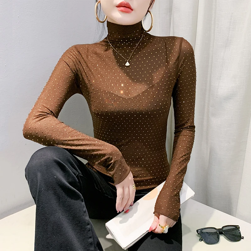 #7518 Black Brown Mesh Turtleneck T Shirt Women Thin Elastic See Through Top Women Sexy Shirt Skinny Short Tee Spring Summer