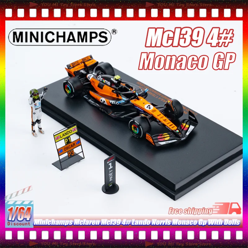

1:64 Minichamps Mclaren Mcl39 4# Lando Norris Monaco Gp With Dolls Alloy Diecasting Car Model For Collectors Shelf Decor Display