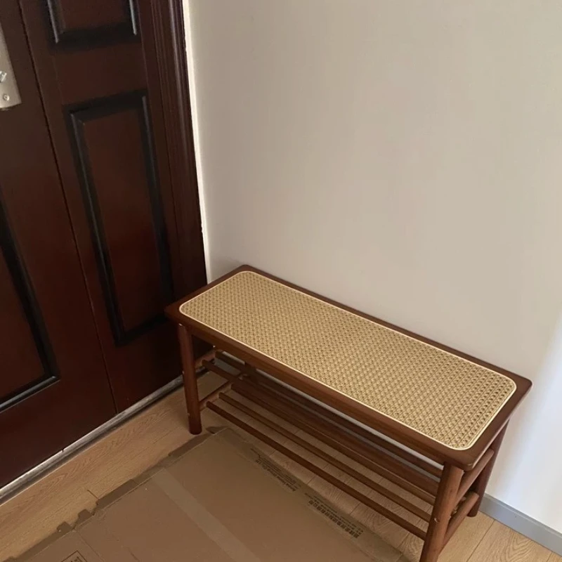 Multi-Tier Solid Wood Shoe Bench, Space Saving Entryway Stool with Rattan Top, Layer Shoe Rack Organizer for Apartment Hallway