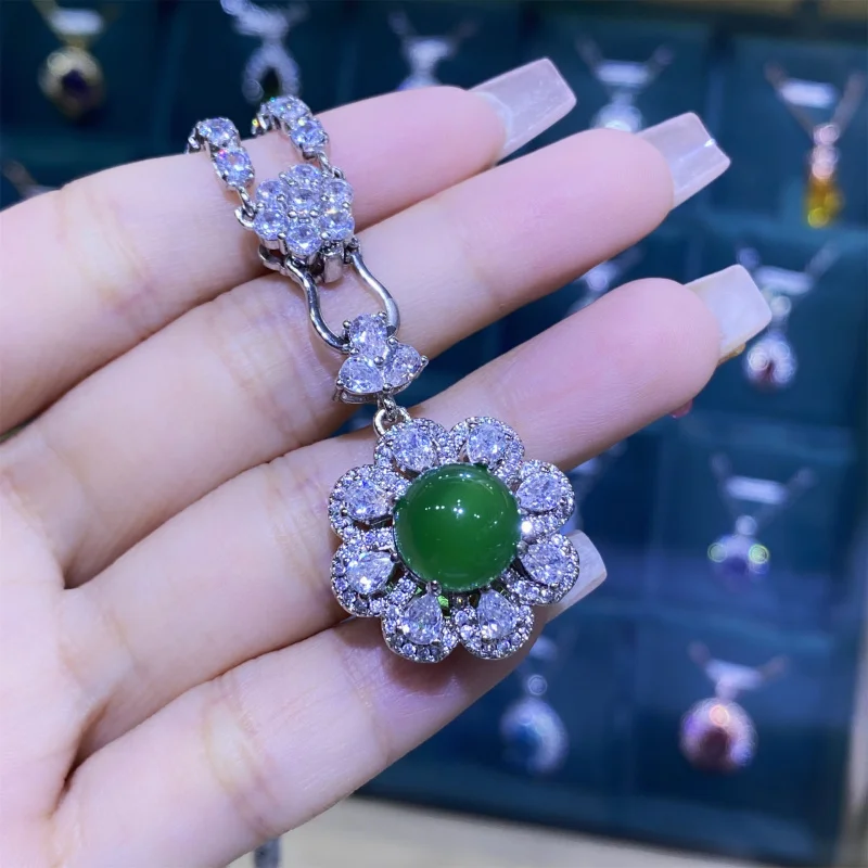 

Natural Chalcedony Sunflower Green Agate Open Ring Female Elegant Luxury Pendant Earrings Three-piece Set