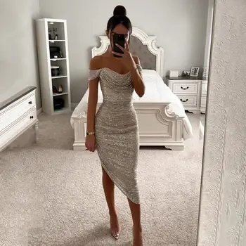 Image Sequined Evening Gown Sexy Low-cut Off Shoulder Slim Fit Bodycon Dress Shinny Sequins Irregular Hem Cocktail Party Midi Dress