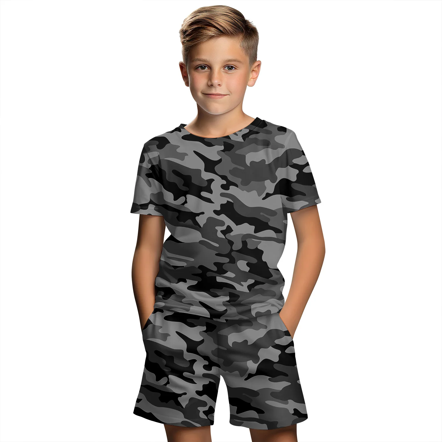 Children\'s Clothing Suit For Boy 3D Camouflage Print Summer Short Sleeve T-Shirt Set Shorts Boy Clothing Girl Children\'s Sets