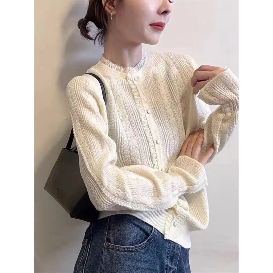 

Sweet Sle Loose Fit Camere Knitwear Women's round Ne Hollow out Lace Trim Wool Blend Long Sve Coat Sle Outerwear