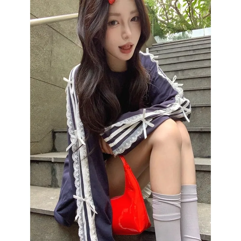 Women's clothing Bow tie Black Long sleeves Loose fit T-shirt Summer Lace Patchwork Mid-length Round neck Versatile sweatshirt