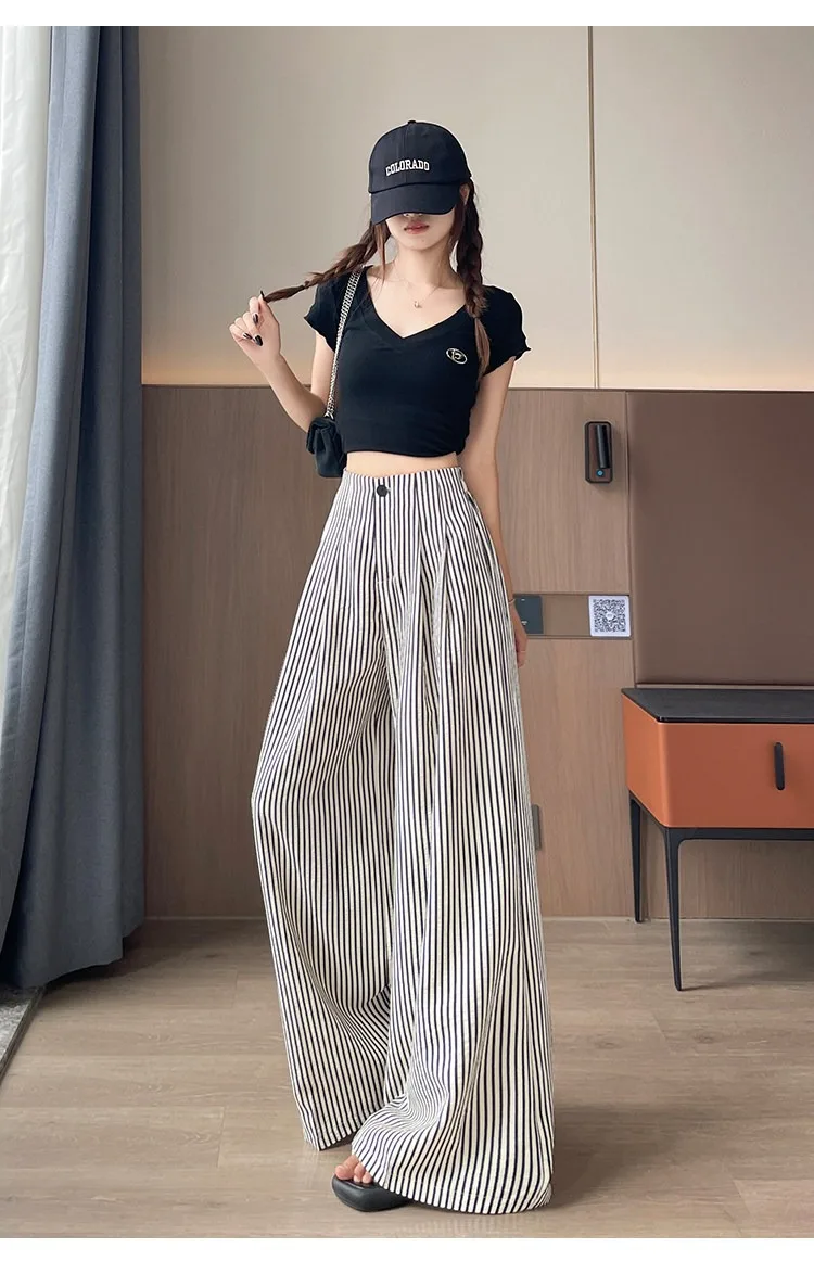 Women's Summer Lightweight High-Waist Slimming Loose Casual Straight Tapered Floor-Length Suit Pants with Ice Silk Stripes