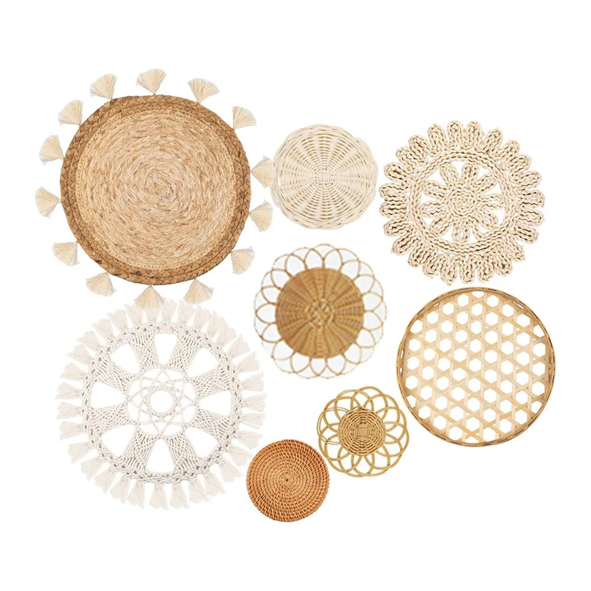 

UNCL Boho Настенная корзина Декор, плоская тканая корзина Настенный декор, круглые кисточки Белый гобелен из макраме Настенный декор Искусство 8 упаковок