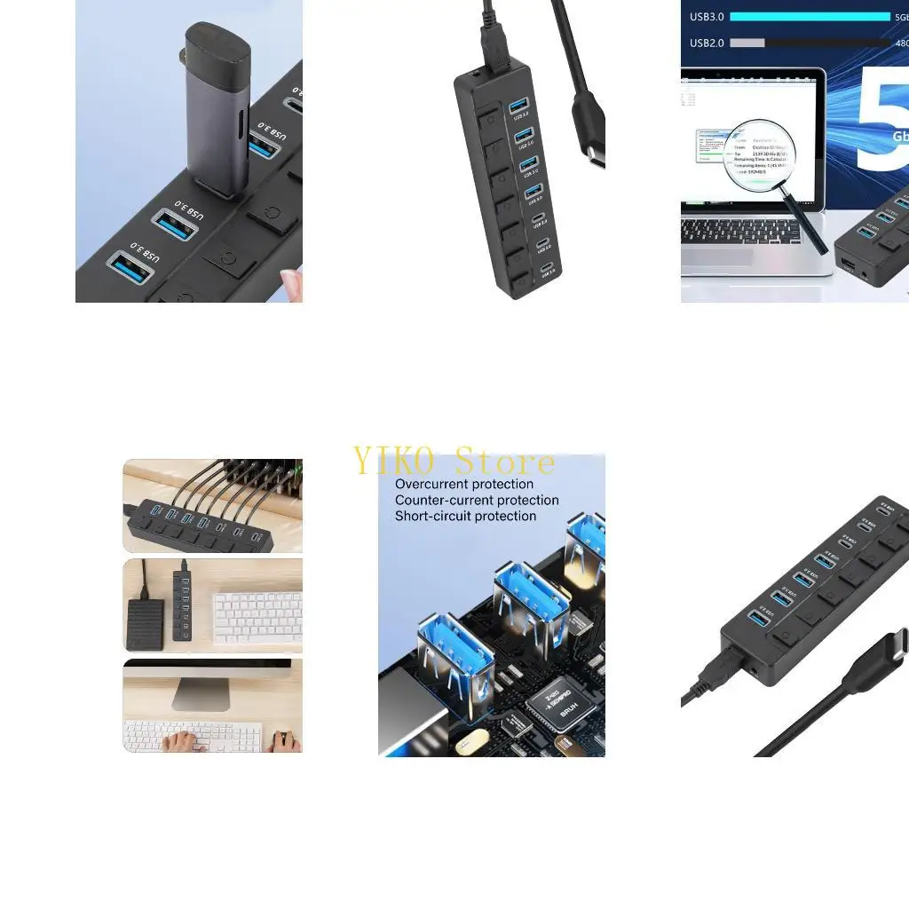 

K32C USB C Adapter с ON OFF SUPPERES 7 PORT USB3.0 и тип C SPLITTER 5 Гбит / с быстро