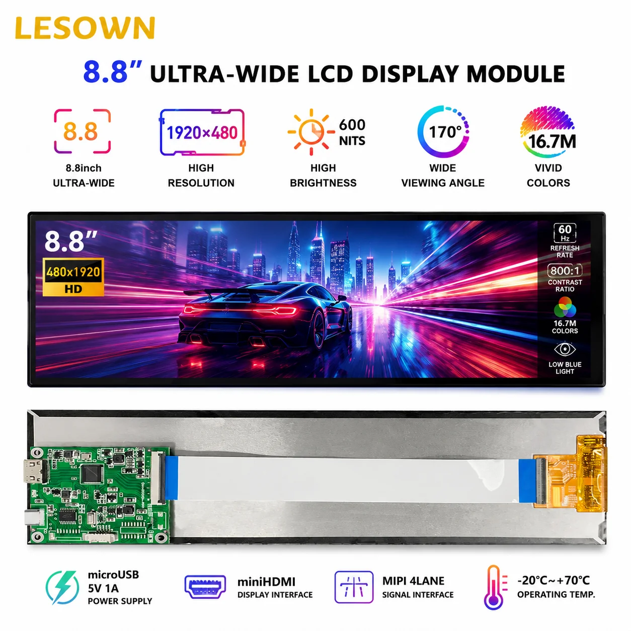 LESOWN 8.8 Inch 480x1920 Stretched LCD Screen 600nits with Driver Board miniHDTV Plug and Play for PC Case Modding