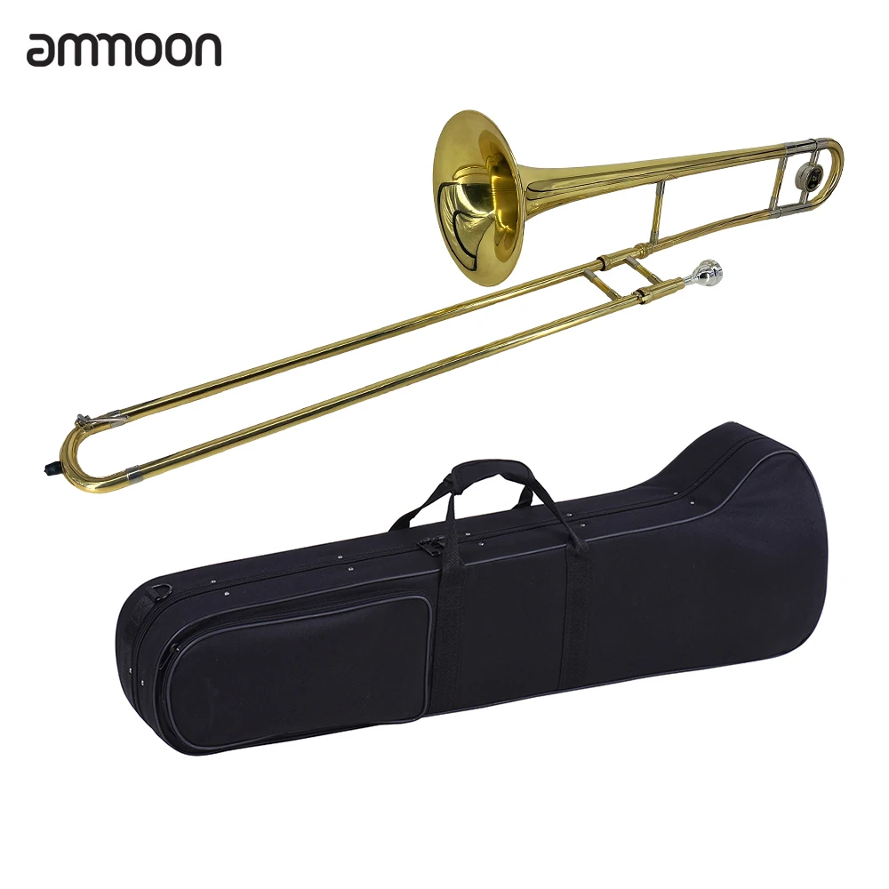 ammoon Alto Trombone Brass Gold Lacquer Bb Tone B flat Wind Instrument with Cupronickel Mouthpiece Case