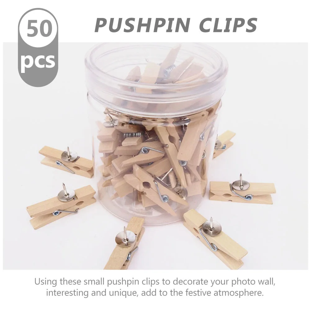 50개 나무 푸시핀 클립 미니 사진 벽 장식 공예 홀더 코르크 보드 종이 메모 사진 고정 클램프 푸시핀 클립