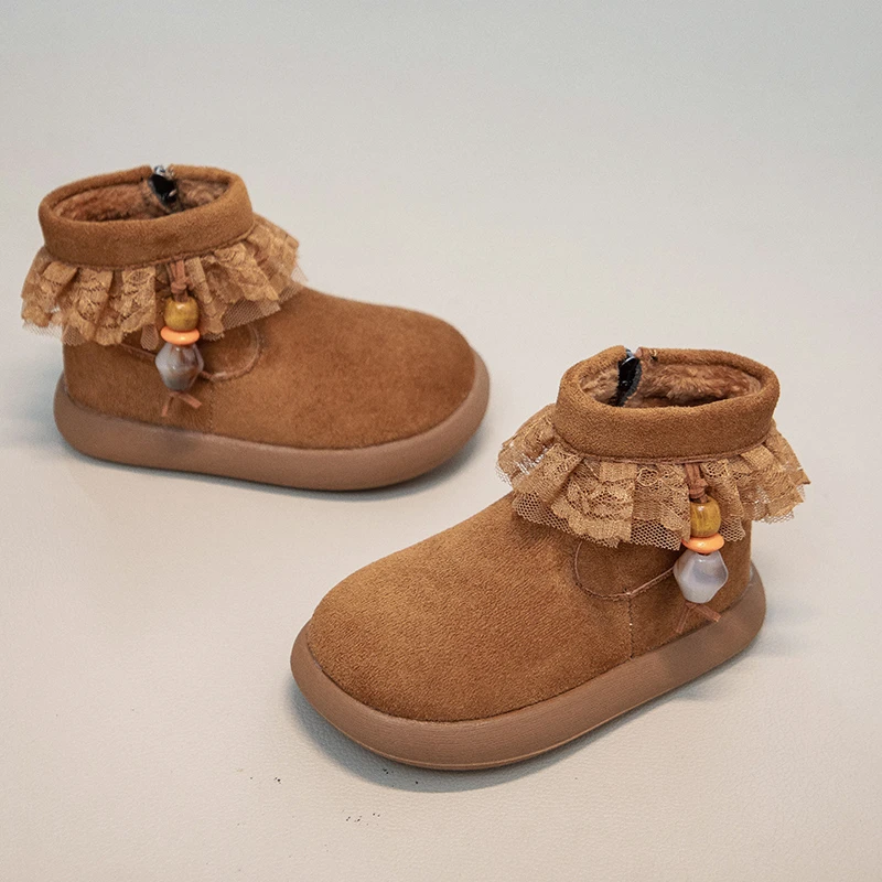 Toddler Girls Fuzzy Boots with Beaded Lace 2025 New Winter Kids Plush Lining Ankle Boots Non-slip Simple Versatile Outdoor Boots