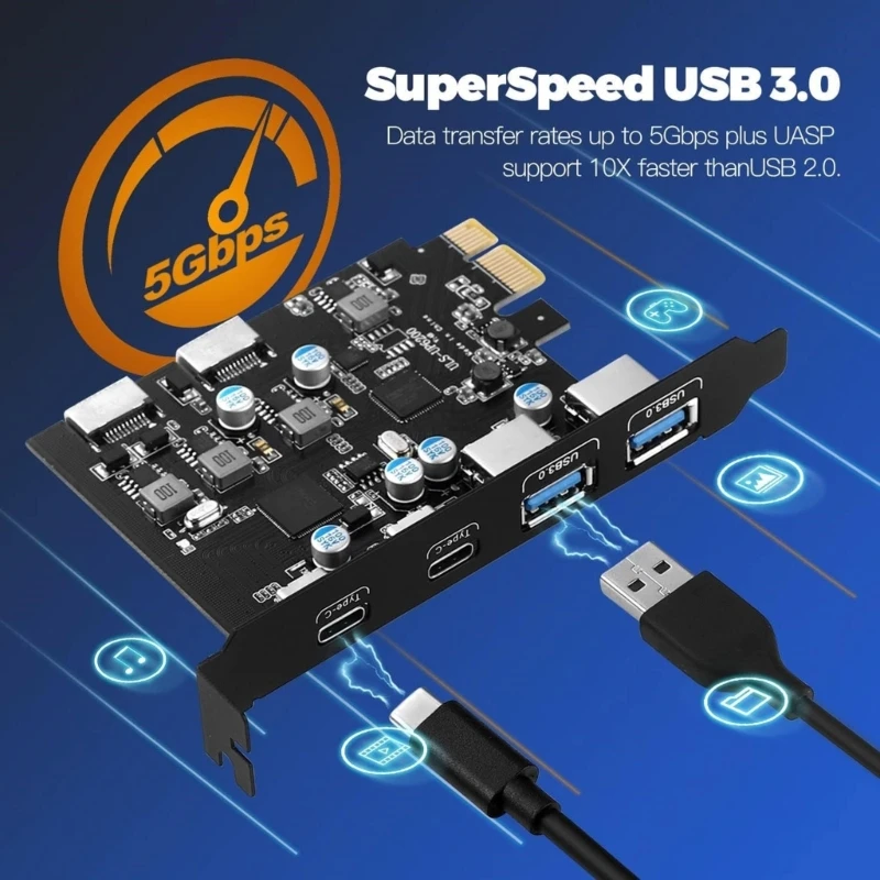 Adaptador placa PCIE USB 6 portas 2X USB C 2X USB A USB Painel frontal da placa PCIE