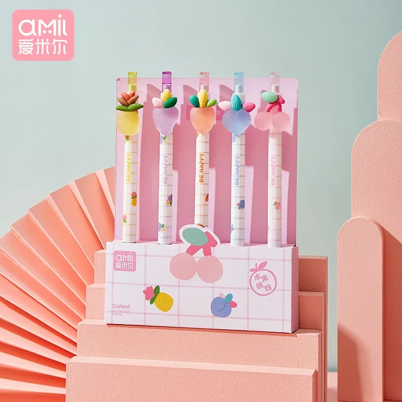 

24 шт. Нажмите нейтральную ручку, перьевая ручка с фруктами, черный карбон, фирменный картридж на водной основе для студенческого осмотра.