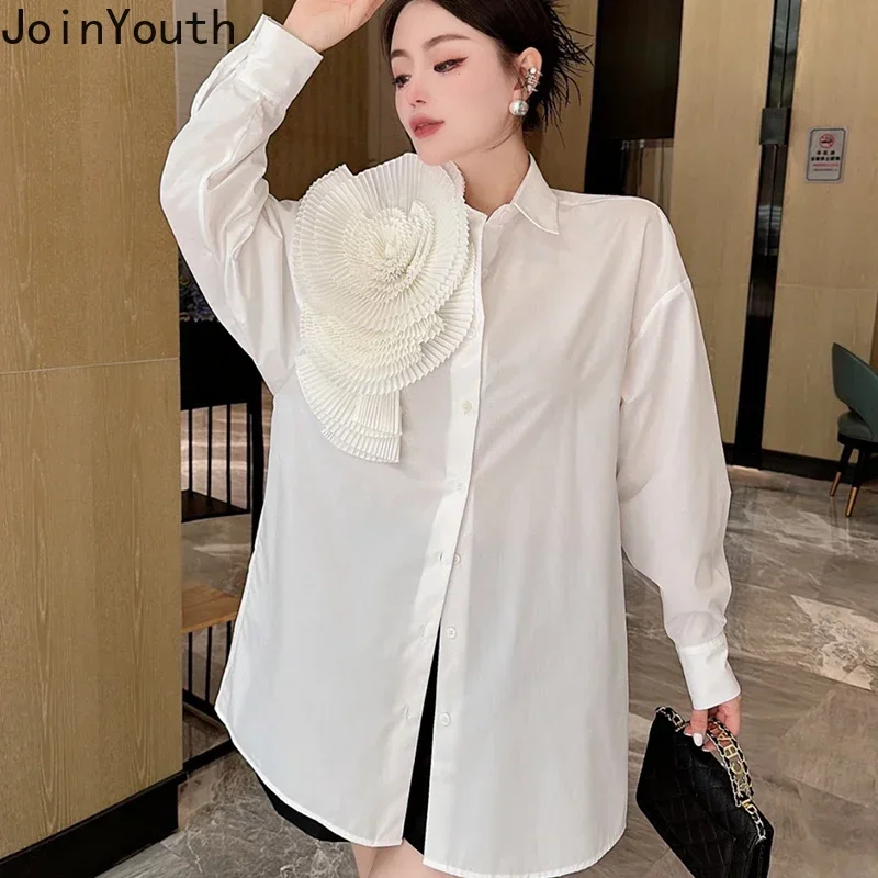 2024 Camisas De Mujer Blouse for Women Elegant Floral Shirts Oversized Tops Long Sleeve Fashion Pleated White Casual Blouses