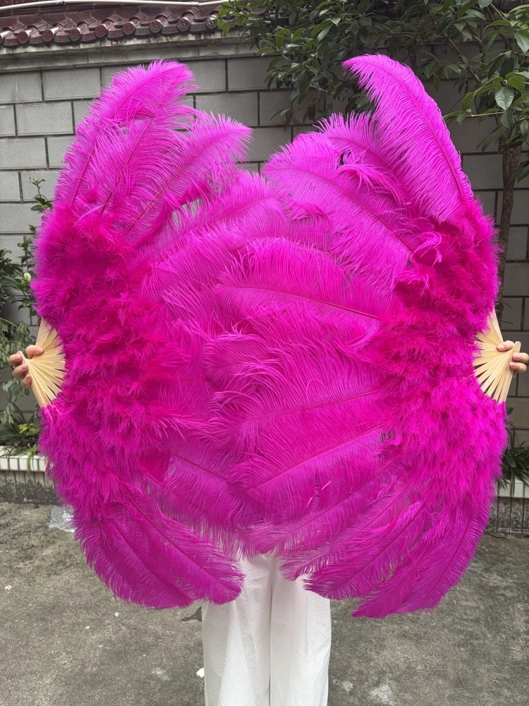 يده كبير روز الأحمر النعامة ريشة مروحة 100 سنتيمتر 130 سنتيمتر الريش ل كرنفال مرحلة الأداء الرقص الشرقي 13 العظام الحرف مروحة #1