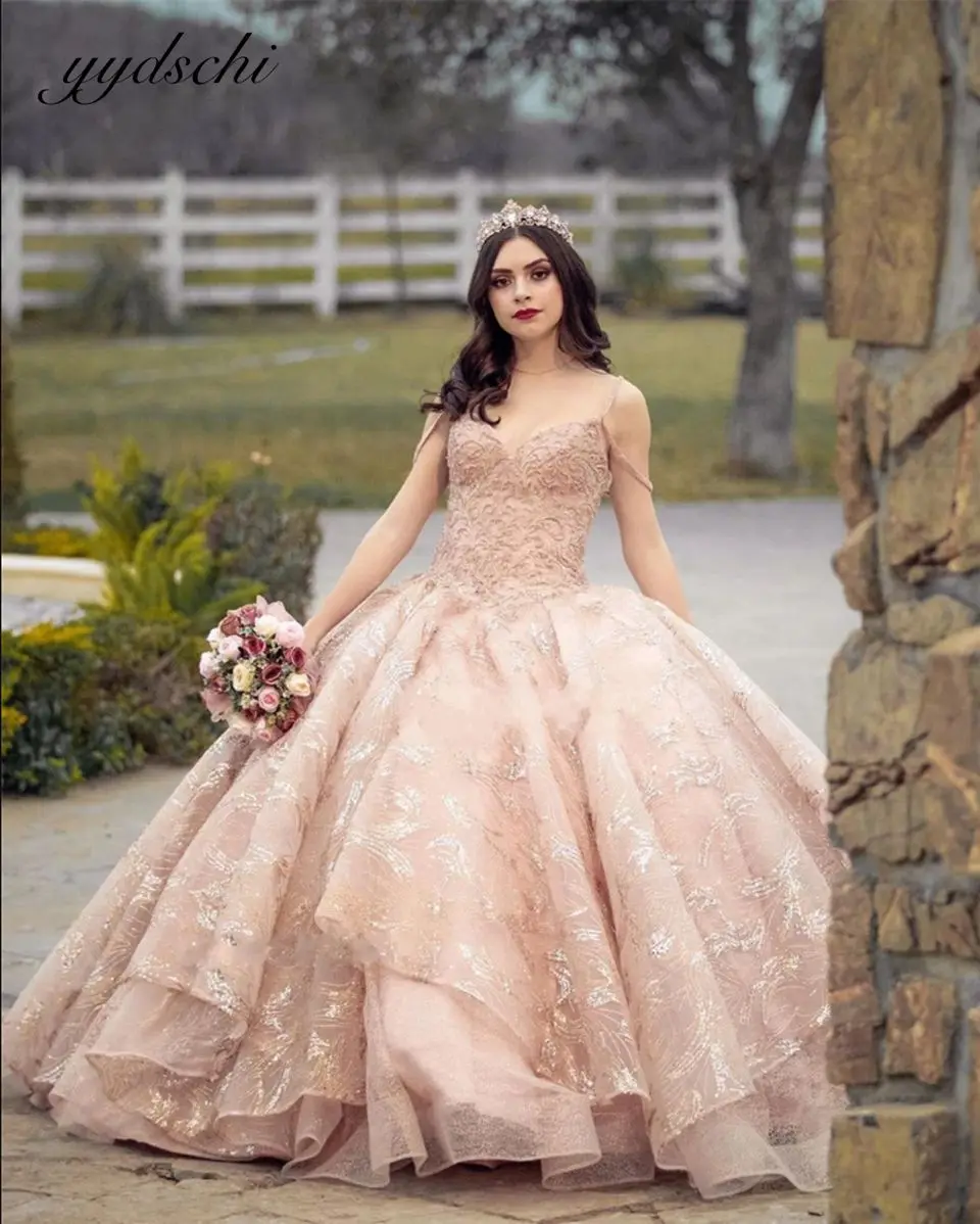 

2023 элегантные розовые платья для Quinceanera с открытыми плечами вечерние платья с аппликацией бальное платье на бретельках