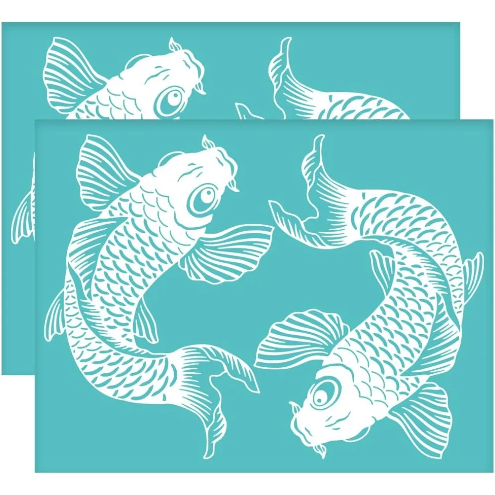 2pcs 11x8.6 inch Koi Silk Screen Printing Stencils Self-Adhesive Koi Fish Orient Stencils Silk Screen Stencils Reusable Silk