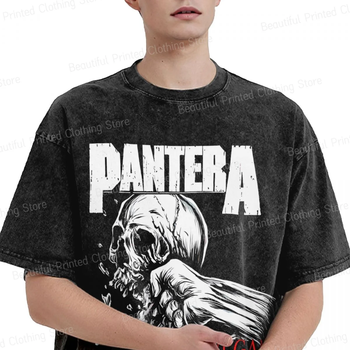 Rock Art Skull 100% Cotton Washed T-shirt Pantera Print Men's Women's T-Shirts Loose Oversized Short Tee