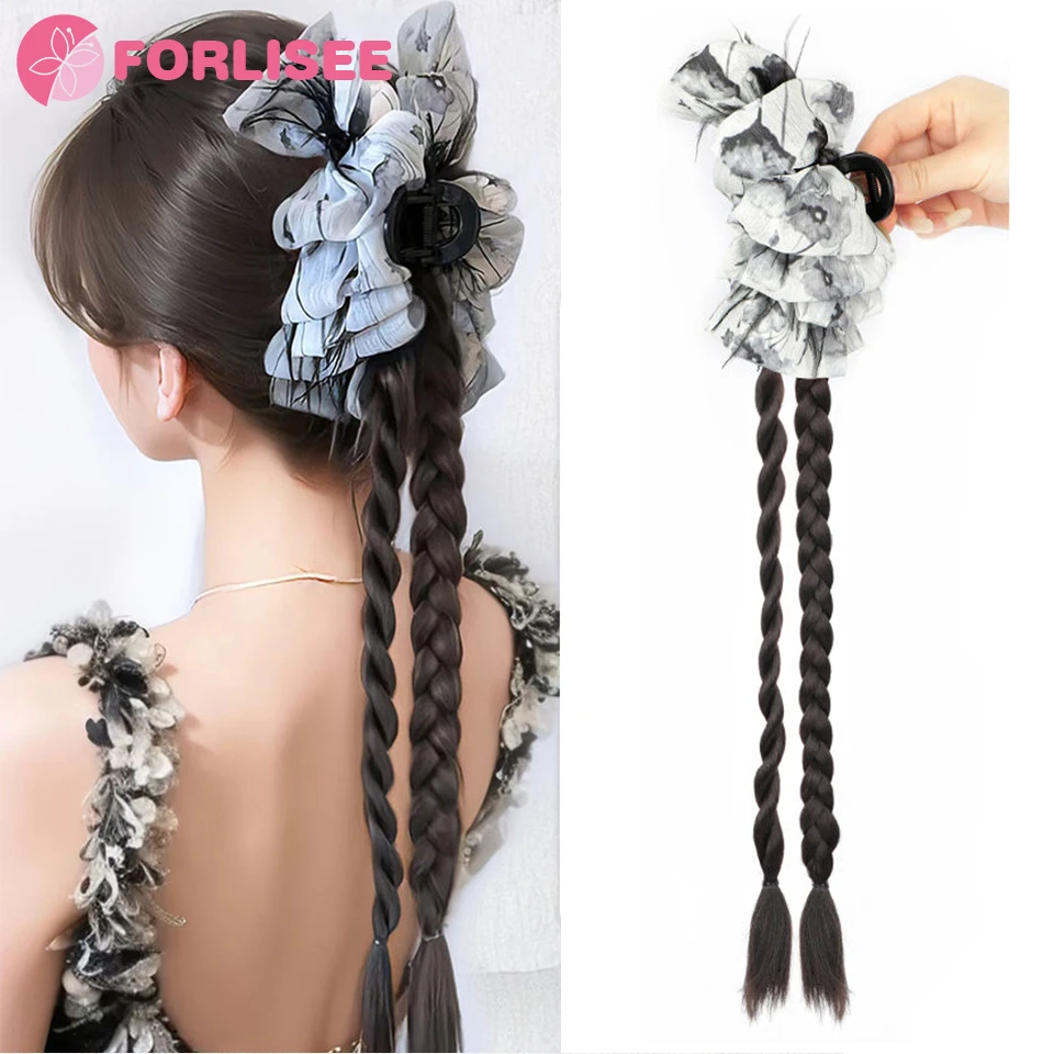 

FORLISEE Synthetic Ponytail Wig Female Ink Dyed Feather Butterfly Claw Clip Braid New Chinese Boxing Braid Natural High Ponytail