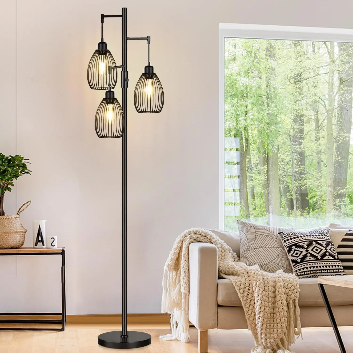 

Dimmable Floor Lamp, 3 x 800LM LED Edison Bulbs Included, Farmhouse Industrial Floor Lamp Standing Tree Lamp with Elegant