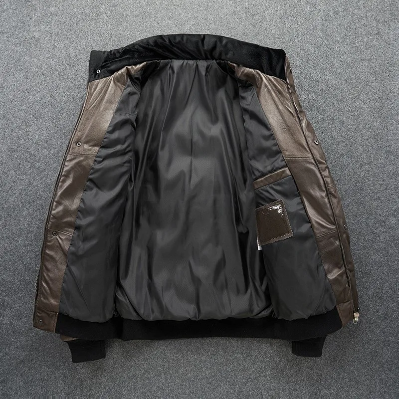 This short light coffee-colored cotton with a stand-up collar for warmth is made of thick pure leather and