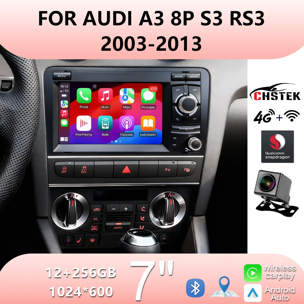 

CHSTEK Car Radio Android 14 Carplay Auto Dla Audi A3 8P S3 RS3 2003-2013 Multimedialny Nawigacja GPS BT5.0 Audio Touch Screen