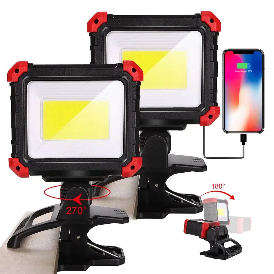 

Rechargeable Work Light with Clamp, 2Pack 2100LM COB Magnetic Clip on Worklight 270 Rotating with Mobile Charger, Portable Clamp
