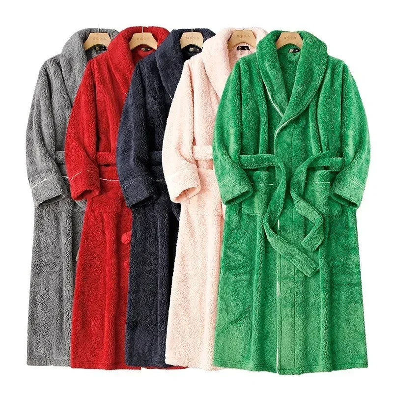 Fashionable double-sided thick plush nightgown women 2024 autumn and winter new item men\'s and women\'s couple extended bathrobe