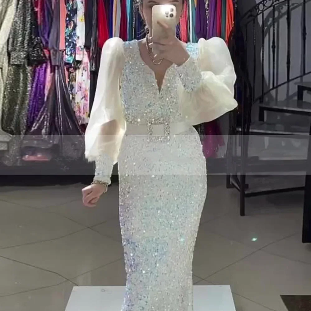 

Shinny Sequins Wedding Prom Dresses Full Puff Sleeves V Neck Zipper Evening Gowns платье женское вечернее abendkleider robe