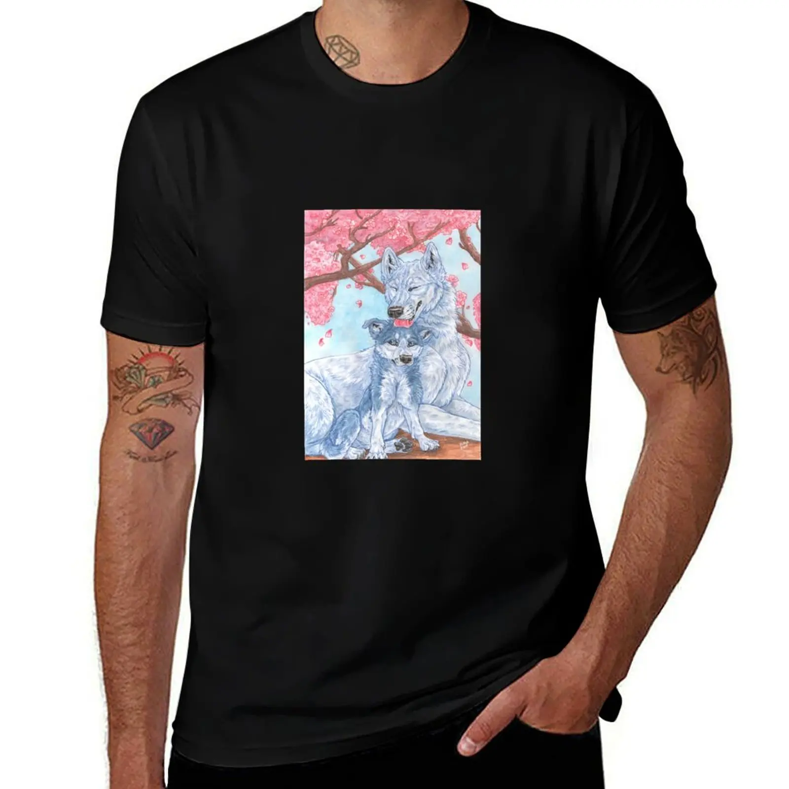 Puppy Weed with mom Sakura under cherry blossoms T-Shirt Trendy Pattern for Men T-Shirt