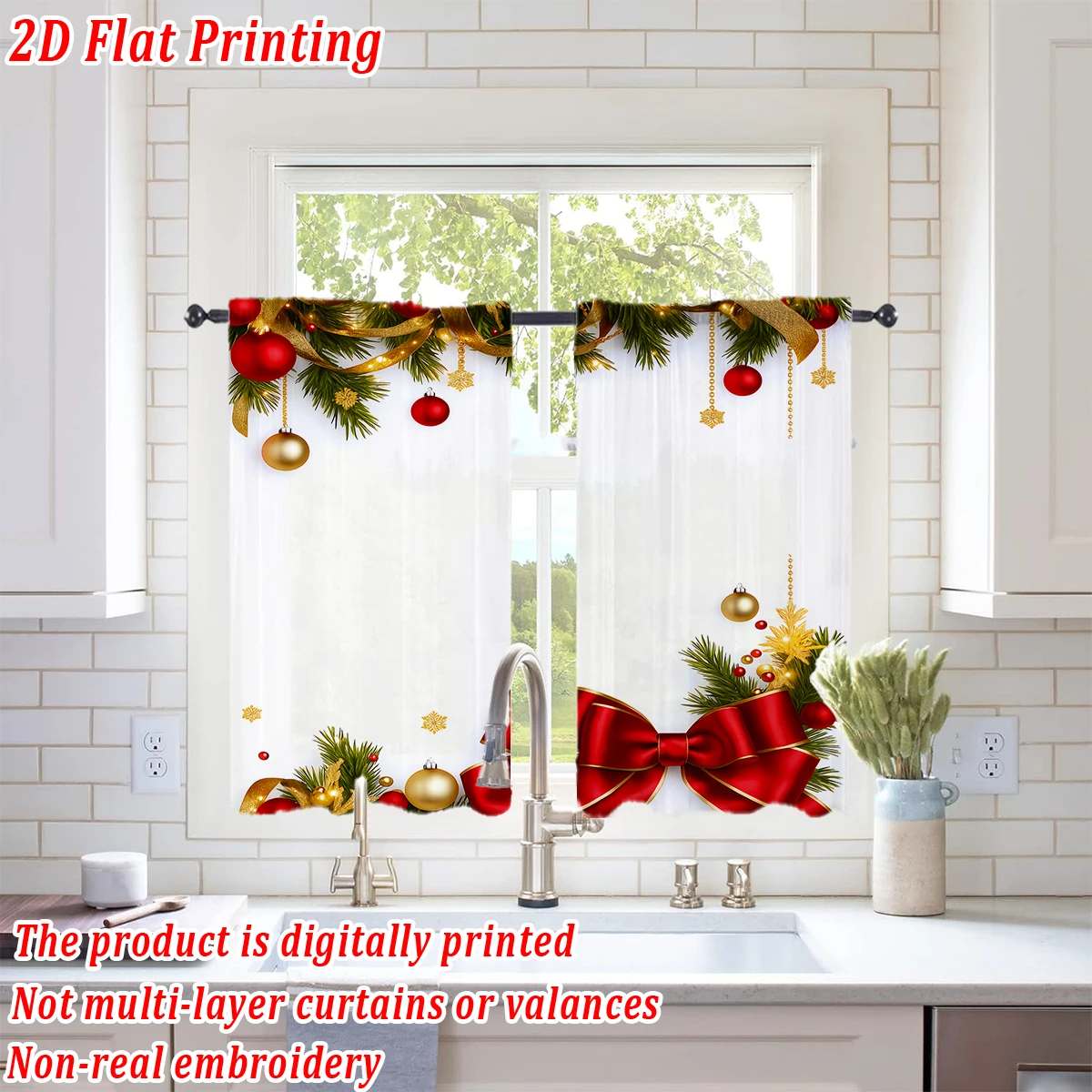 Christmas Flat Printing Kitchen Sheer Curtain with Merry Christmas Bow Ball Snowflake For Christmas Home Decor  Party