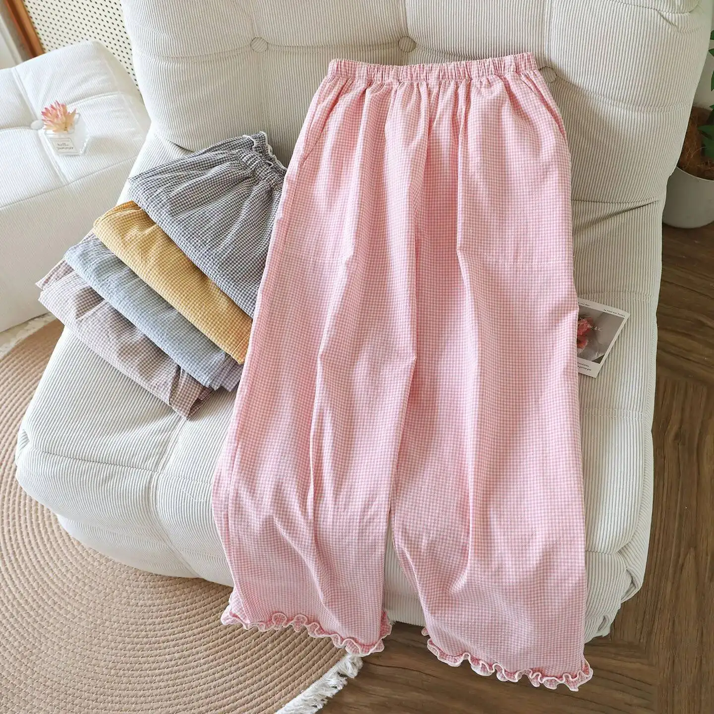 

Spring And Summer Thin Loose Size Plaid Design Women's Pama Pants Elastic Waist Casual Homewear Women Nine-Point Trousers