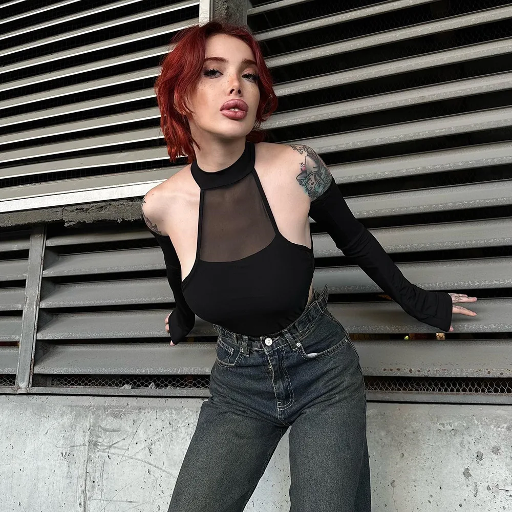 MORODER Jesień-Zima Nowości Zmysłowa Bluzka Damska z Rozcięciem, Długim Rękawem, Bezszwowa, z Siateczki Koronkowej, Ażurowa, Wysoce Elastyczna, Jednoczęściowa