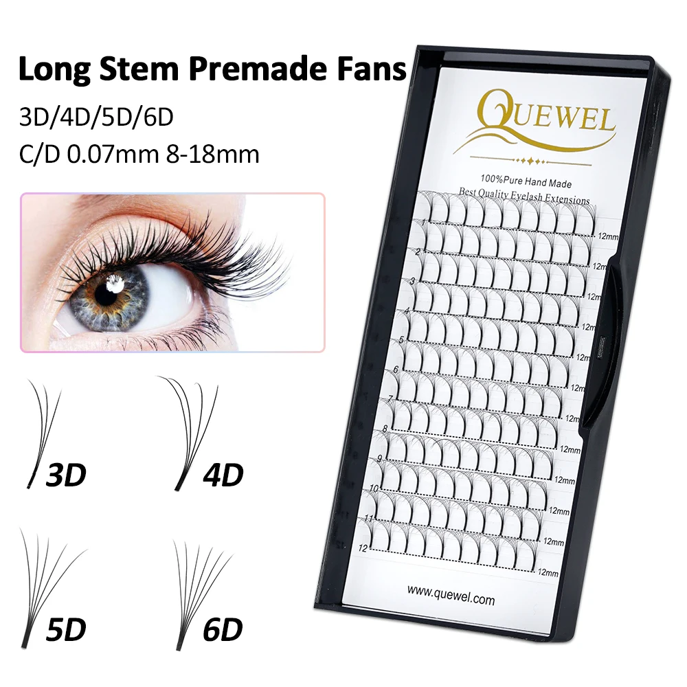 Quewel Long Stem False Lashes 5 Trays Premade Russian Volume Fans Eyelash Extension 3D/4D/5D/6D Faux Mink Eyelashes Supplies