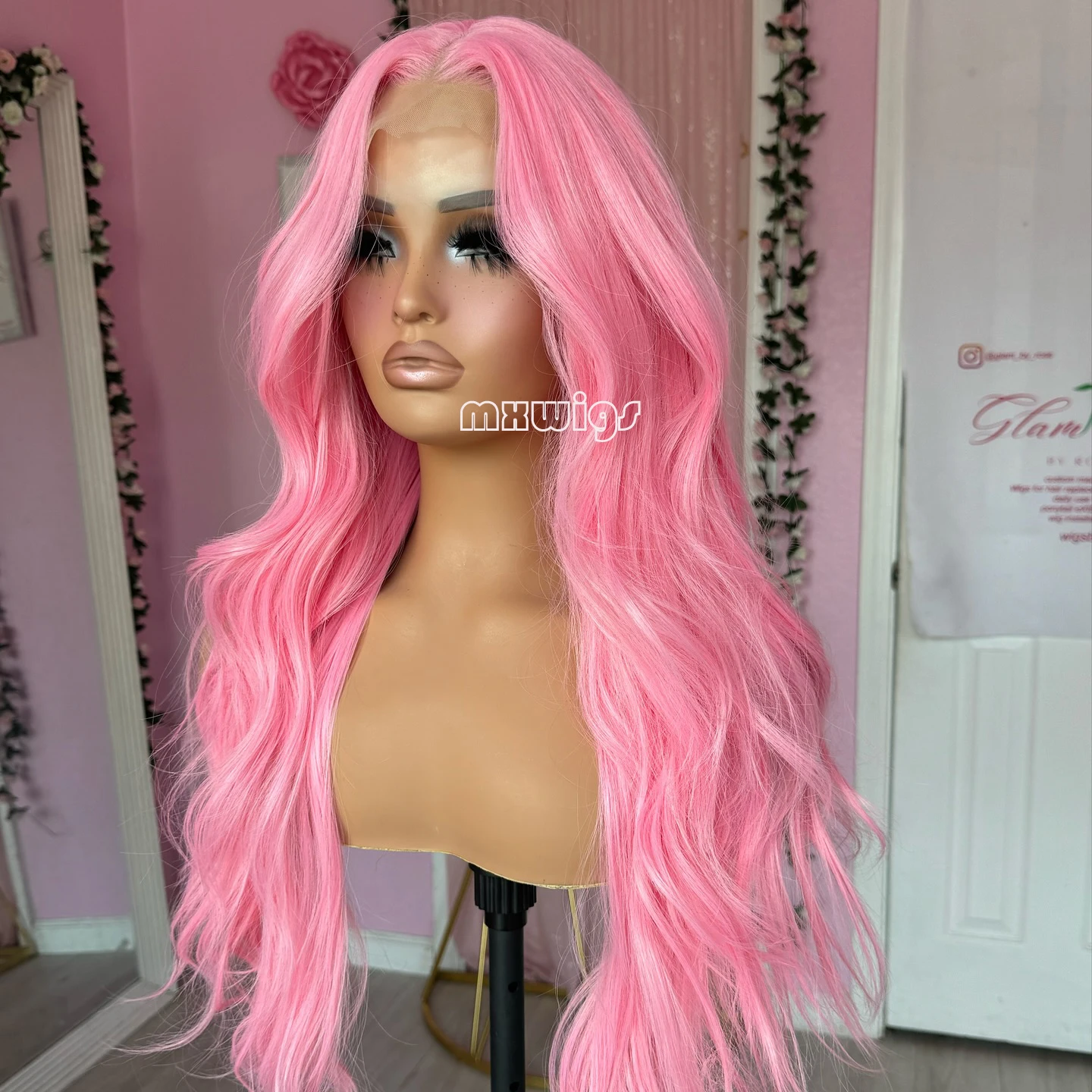 MXWIG Synthetic Hair Body Wave Pink  Glueless 13X4 Lace Front Wig For Black Women Preplucked Daily Fiber Cosplay