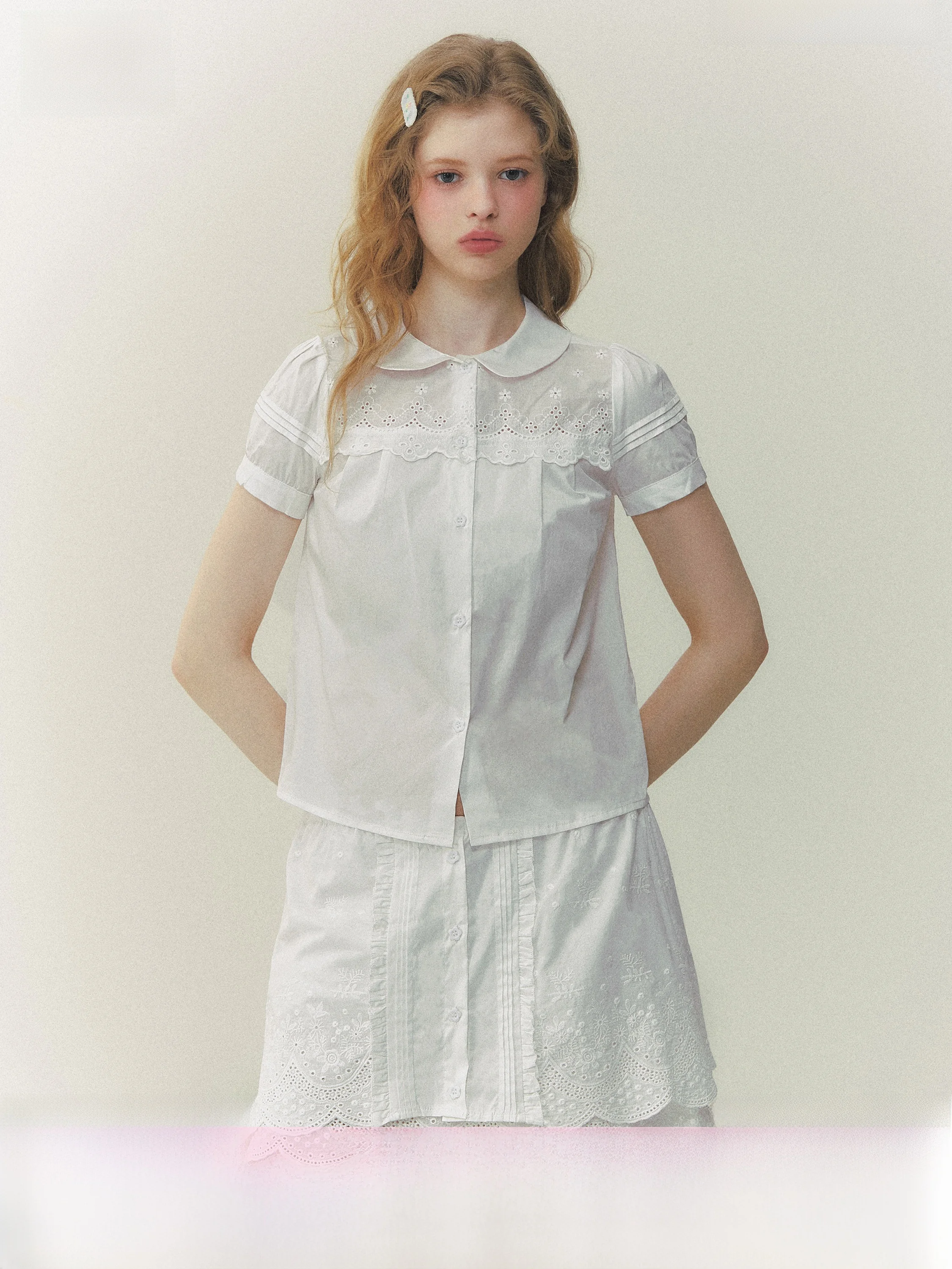 

SunsetPark Cotton Embroidered Shirt And Skirt Set Women's Fashion Breathable Summer Outfit Short Sleeve Button Closure