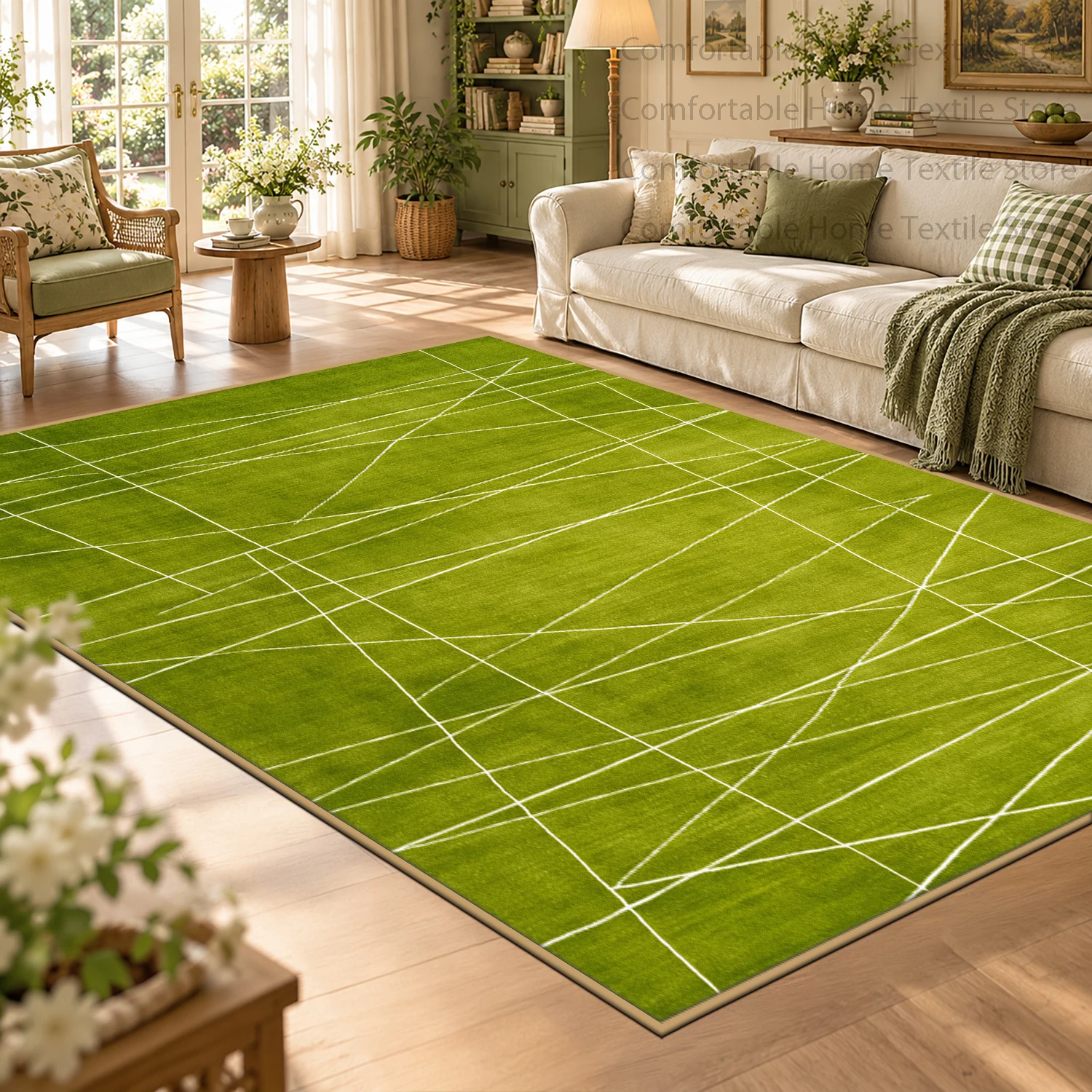 Bright Green Soft Easy Cleaning Customizable Room Carpets Modern Abstract Artistic White Line Living Room Rug Non-slip Floor Mat
