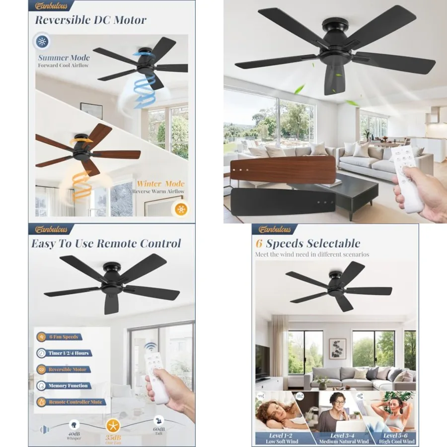 

Flush Mount Ceiling Fan No Light with Remote, Modern Low Profile Ceiling Fan Without Light, 6-Speeds, Quiet Reversible DC Motor